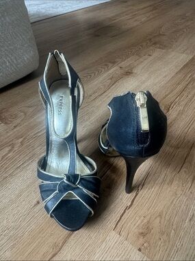 Express Black and Gold T-Strap Knot Heel Sandals
